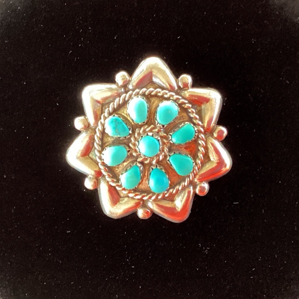 Native American 9-stone Turquoise & Silver Pendant or Brooch 1.5”